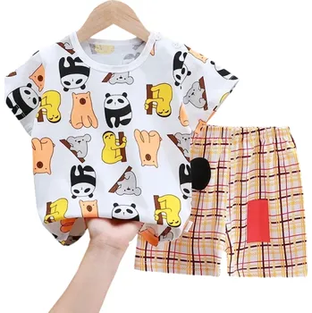 Dětská móda Dětský letní set unisex Bílé tričko s potiskem zvířátek Krátký rukáv Kostkované kraťasy na gumu Pohodlný komplet 3