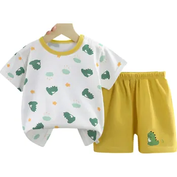 Dětský letní set unisex Bavlněné tričko s krátkým rukávem Výstřih do O Bílé tričko Potisk zeleného dinosaura Žluté kraťasy 3