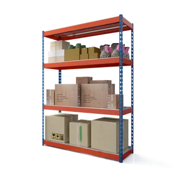 Dílenský regál SMARTREGALY Kovový průmyslový regál 168x160x50cm, lakovaný - modro/oranžový, 4-policový, nosnost 1200kg