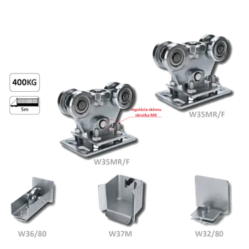 Pohon brány Set pro samonosný systém 80 x 80 x 5 mm, 2x regulovatelné vozíky, 1x doraz, 1x náběhové kolečko