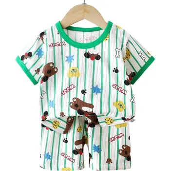 Dětský letní set unisex Tričko s krátkým rukávem a knoflíky Výstřih do O Bílé se zelenými pruhy Potisk zvířátek Kraťasy 4