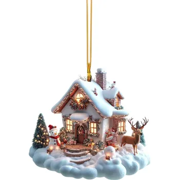 Vánoce Závěsná ozdoba 8 x 7.2 x 0.3 cm Zasněžená chaloupka Vitrážová okenní dekorace na strom Vánoční přívěsek zimní atmosféra