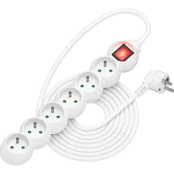Elektrická zásuvka AlzaPower Arc prodlužovací přívod 230V 6 zásuvek vypínač 5m bílý