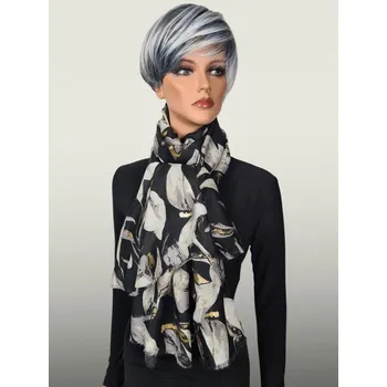 Šála Classic Scarf Černá šála květovaná, bavlněná s viskózou, pléd přes ramena - zlaté a šedé květy 180x90