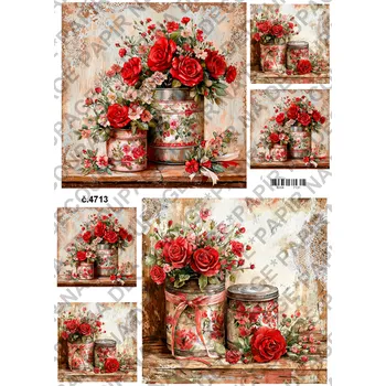 Umělecký papír Rýžový a soft papír na decoupage - Květiny s plechovkou - KB4713 Materiál: Soft, Rozměr: A4