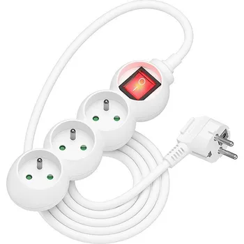 Elektrická zásuvka AlzaPower Arc prodlužovací přívod 230V 3 zásuvky vypínač 1.5m bílý