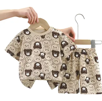 Dětský letní set unisex Bavlněné tričko s krátkým rukávem Výstřih do O Hnědá barva Potisk medvídků Pohodlné kraťasy 3