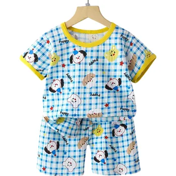 Dětský letní set unisex Tričko s krátkým rukávem a knoflíky Výstřih do O Modrá kostkovaná barva Potisk zvířátek Kraťasy 6-12 měsíců
