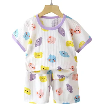 Dětský letní set unisex Tričko s krátkým rukávem a knoflíky Výstřih do O Bílá barva Potisk zvířátek Pohodlné kraťasy 3-6 měsíců