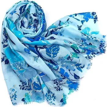 Šála Classic Scarf Květovaná bavlněná šála a viskóza, pléd přes šaty, plavky; modré květy se zlatou 180x90 cm