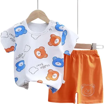Letní dětský set tričko s krátkým rukávem a kraťasy na gumu Unisex bavlněný komplet s bílým tričkem a medvídky 3
