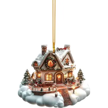 Vánoce Závěsná dekorace 8 x 7 x 0.3 cm Zasněžený domeček Vitrážová okenní ozdoba na strom Vánoční přívěsek zimní chaloupka