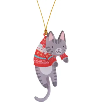Vánoční dekorace Závěsná vánoční dekorace s kočkou 4,4 x 9 cm Roztomilý přívěsek na stromeček Dveře a dárek Vánoční a novoroční ozdoba pro milovníky koček šedá