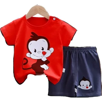 Dětský letní set unisex Bavlněné tričko s krátkým rukávem Červené tričko s potiskem opice Modré kraťasy Oblečení pro děti 12-18 měsíců