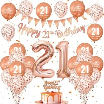 Party dekorace Sada dekorací k 21. narozeninám s balónky, růžovo-zlatými a konfetovými balónky, dekorace na dort,