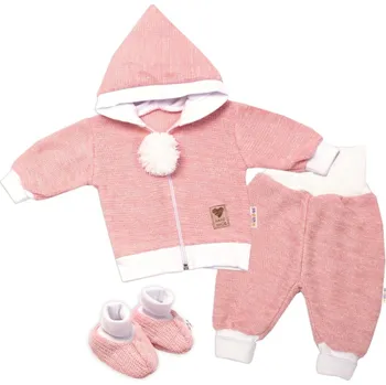 Kojenecká bunda Baby Nellys 3-dílná souprava Hand made, pletený kabátek, kalhoty a botičky, růžová Velikost: 68 (3-6m)