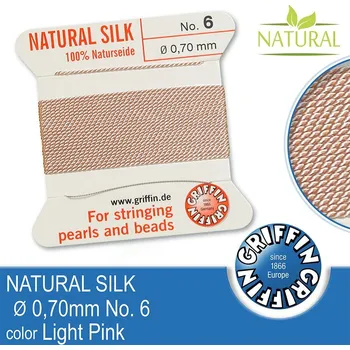 Nit Hedvábná nit s jehlou GRIFFIN síla nitě 0,70mm No.6 délka 2m. Barva Light Pink