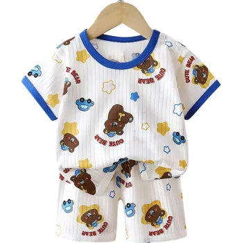 Letní dětský unisex set tričko s krátkým rukávem knoflíky kraťasy na gumu výstřih do O bílý potisk medvídků 5