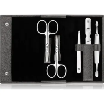 Zwilling Classic pinzeta šikmá 1 ks + safírový pilník 1 ks + nůžky na nehty 1 ks + nůžky na nehtovou kůžičku 1 ks + Zwilling Premium pomůcka k zatlačení a odstranění nehtové kůžičky 2 v 1 12.5 cm + cestovní pouzdro 1 ks
