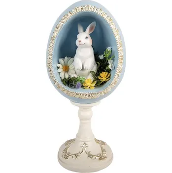 Bílo-modré vajíčko na podstavci s králíčkem a květy - 13*12*28 cm