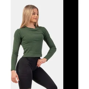 Dámské tričko Nebbia Žebrované tričko s dlouhým rukávem z organické bavlny 415 POUZE XS - zelená (VÝPRODEJ) + DÁREK