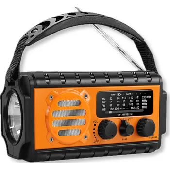 Powerbanka Green Power Černé multifunkční rádio a powerbanka 20 000 mAh, USB-C, AM/FM/SW, solární s dynamem, svítilnou a dobíjením mobilu – černo-oranžové provedení. Úložný pytlík zdarma