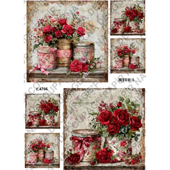 Umělecký papír Rýžový a soft papír na decoupage - Květiny s plechovkou - KB4706 Materiál: Soft, Rozměr: A4