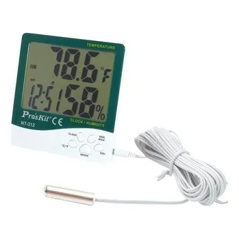 Digitální teploměr s vlhkoměrem a externím čidlem pro měření teploty.