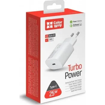 ColorWay 25W Turbo Power USB nabíječka, 1x USB-C, bílá
