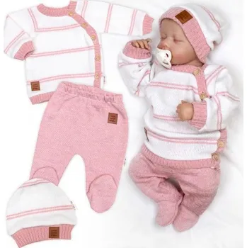 Kojenecká souprava Baby Nellys Pletená sada pro miminko s jemným proužkem 3dílná lux růžová - bílá Baby Nellys Vel. 56