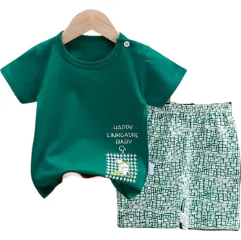 Dětský letní set unisex Bavlněné tričko s krátkým rukávem Zelené tričko s potiskem Kraťasy Pohodlné oblečení pro děti 6-9 měsíců