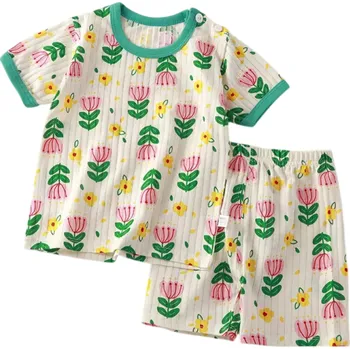 Dětský letní set unisex Tričko s krátkým rukávem a knoflíky Výstřih do O Žlutá barva Potisk kytek Kraťasy 18-24 měsíců