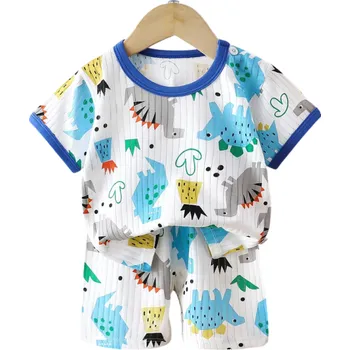 Dětský letní set unisex Tričko s krátkým rukávem a knoflíky Výstřih do O Bílá barva Potisk dinosaurů Pohodlné kraťasy 4