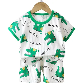 Dětský letní set unisex Tričko s krátkým rukávem a knoflíky Výstřih do O Bílá barva Potisk krokodýlů Pohodlné kraťasy 6-12 měsíců