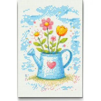 Diamantové malování Diamantové malování - Jarní kytice v konvičce Velikost: 20x30cm, Rámování: Pouze srolované plátno, Diamanty: Čtvercové