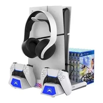 Herní ovladač iPega P5S023 Multifunkční Nabíjecí RGB Stojan s Chlazením pro PS5/PS5 Slim/PS5 Pro White (Pošk. Balení)