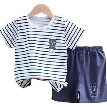 Dětský letní set unisex Bavlněné pruhované tričko s krátkým rukávem Potisk medvídka Modré kraťasy Pohodlné oblečení 6-9 měsíců