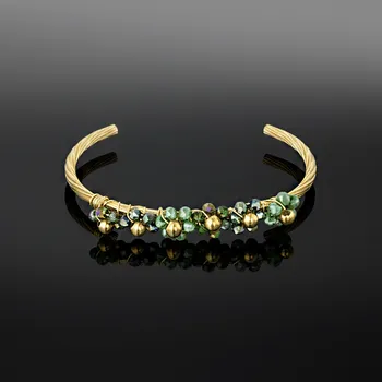 Náramek Náramek Zelený třpyt zlatá manžeta z oceli s korálky č. 1781
