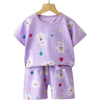 Fialový dětský unisex letní set tričko s krátkým rukávem a knoflíky kraťasy na gumu výstřih do O potisk králíčků 5