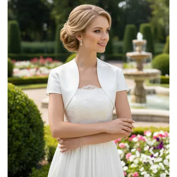 Bolerko Svatební saténové bolerko s krátkým rukávem- bílé: BD-45 S Vybraná velikost: 40