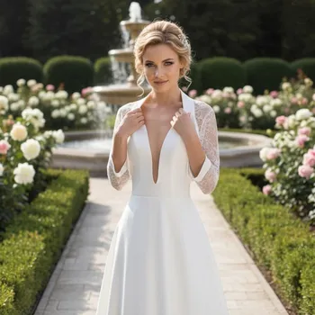 Bolerko Krajkové svatební bolerko lemované saténem - ivory: BD-312 Vybraná velikost: 40/42