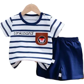 Dětský letní set unisex Bavlněné pruhované tričko s krátkým rukávem Potisk lišky Modré kraťasy Pohodlné oblečení pro děti 2