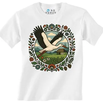 Chlapecké tričko Dětské tričko Čáp bílý nad českým Venkovem Folk (Velikost: 5-6, Barva: Bílá)