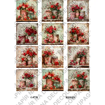 Umělecký papír Rýžový a soft papír na decoupage - Květiny s plechovkou - KB4718 Materiál: Soft, Rozměr: A4