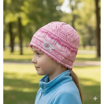 Čepice Háčkovaná dívčí čepice Ander Péťa růžová (Jarní háčkovaná čepice pro holky)