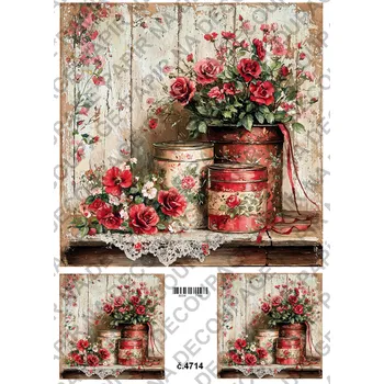 Umělecký papír Rýžový a soft papír na decoupage - Květiny s plechovkou - KB4714 Materiál: Soft, Rozměr: A4
