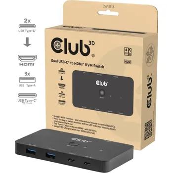 USB hub Club 3D Club3D KVM Switch, 2xUSB-C na HDMI, 4K60Hz, PD 100W CSV-2512