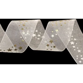 Stuha Vánoční monofilová stuha šíře 25 mm Varianta: 1 krémová světlá hvězdy, Balení: 3 m