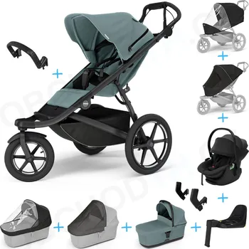 Dětské zboží Set 10v1 Thule Urban Glide 3 Mid blue + madlo + korbička Mid blue + pláštěnky a moskytiéry Thule + Autosedačka Thule Maple Black s ISOFIX základnou Thule Alfi a adaptéry