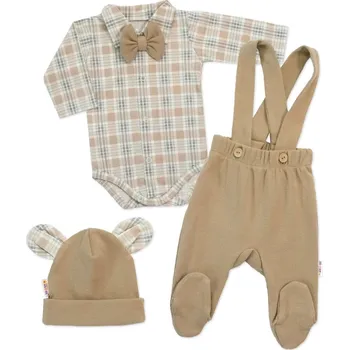 Kojenecká souprava Baby Nellys Bavlněná souprava Gentleman 3D, body, polodupačky s láclem, čepička, béžová/kostička Velikost: 62 (2-3m)